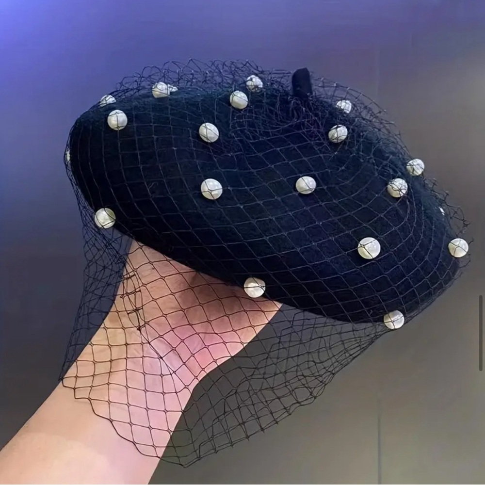Black Wool Beret Hat with fishnet and pearls